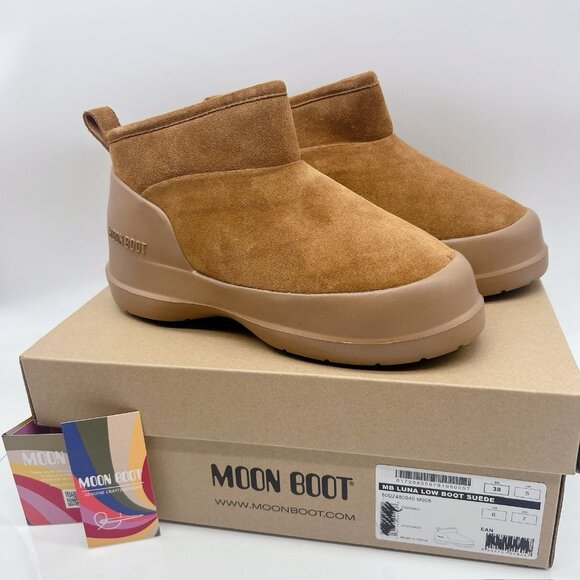 Moon Boot Luna Low Faux Shearling Lined Boots Platform Cognac Suede EU 37 US 6 - Picture 5 of 13